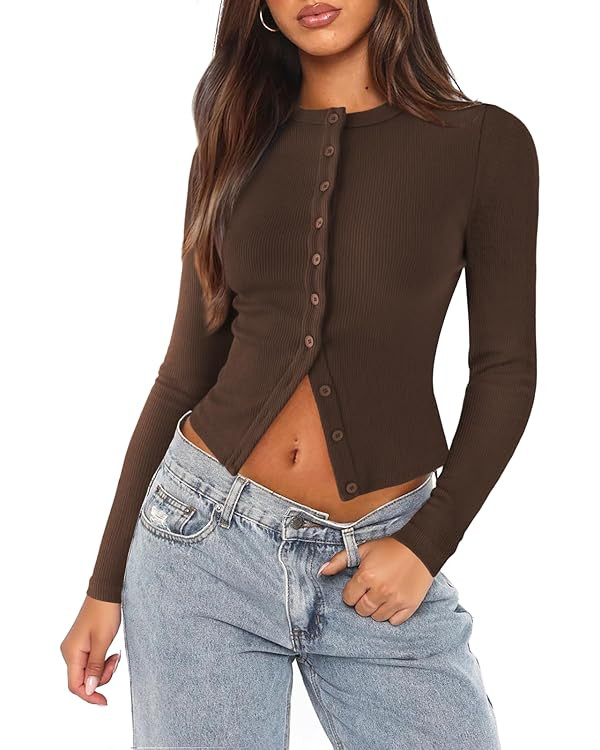 Womens Ribbed Button Down Long Sleeve Top Knit Button Up Fitted Cardigans Cropped Cute Fall Going... | Amazon (US)