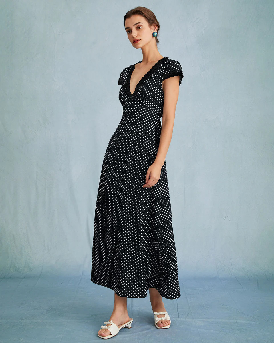 Black Polka Dot V Neck Maxi Dress | rihoas.com
