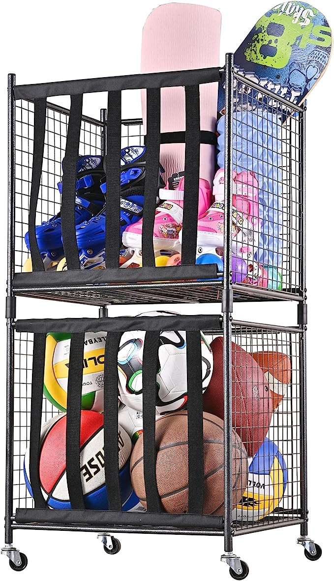 Mythinglogic Rolling Sports Ball Storage Cart, Sports Lockable Ball Storage Locker with Elastic S... | Amazon (US)