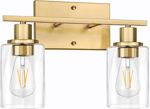2-Light Gold Bathroom Vanity Light Fixtures, Modern Wall Lighting with Clear Glass Shade, Brushed... | Amazon (US)