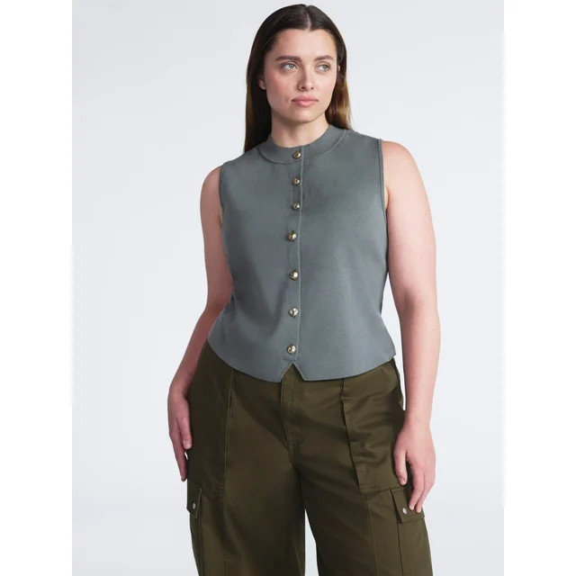 Scoop Women's and Women’s Plus Mockneck Sweater Vest with Gold Tone Buttons, Midweight, Sizes X... | Walmart (US)