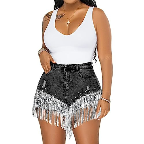 LifeShe Women's Denim Rhinestone Shorts Pearl Beaded Frayed Raw Hem Tassels Denim Short Mid Rise Ripped Stretchy Jean Shorts | Amazon (US)