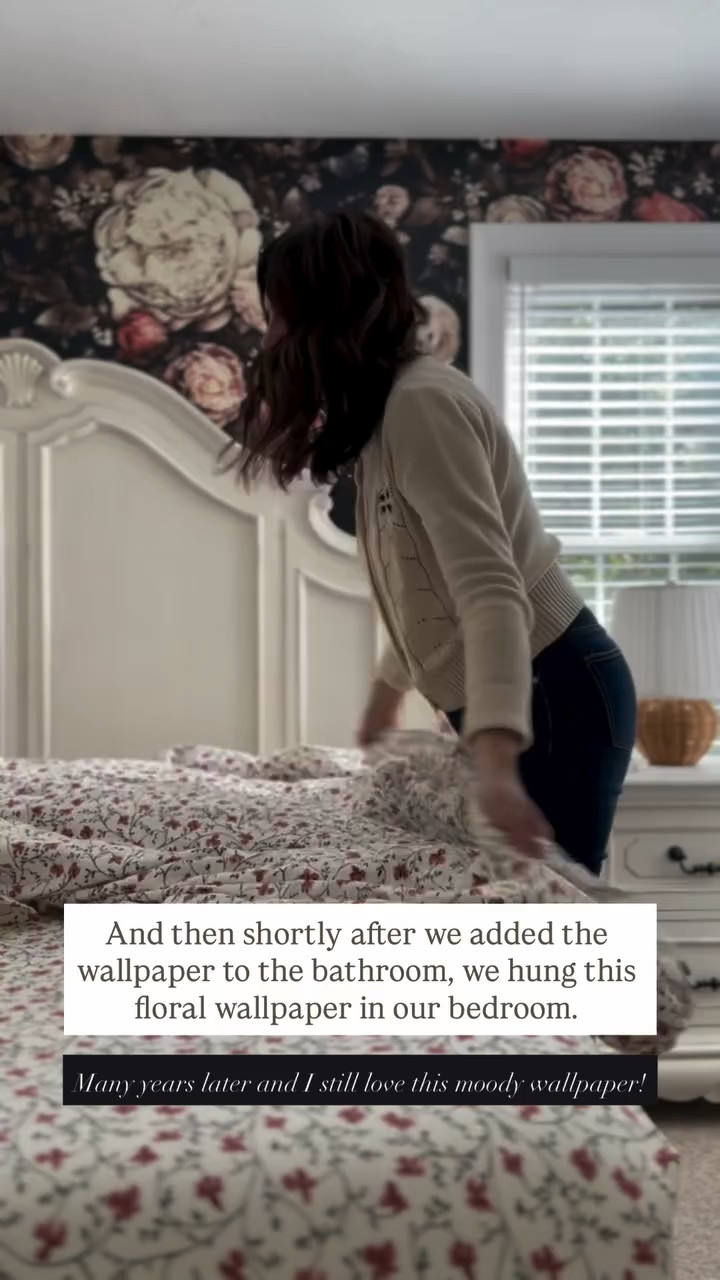 And then shortly after we added the wallpaper to the bathroom, we hung this floral wallpaper in our bedroom.  Many years later and I still love this moody wallpaper!