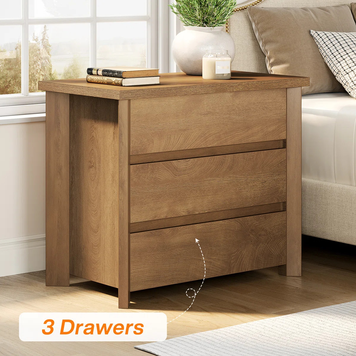 Wood Nightstand with 3 Drawers, 32-Inch Wide | Wayfair North America