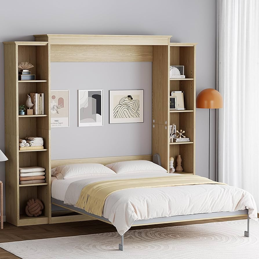 Rophefx Queen Murphy Bed Cabinet with 5-Tier Adjustable Storage Shelves, Wood Queen Wall Bed Cabi... | Amazon (US)