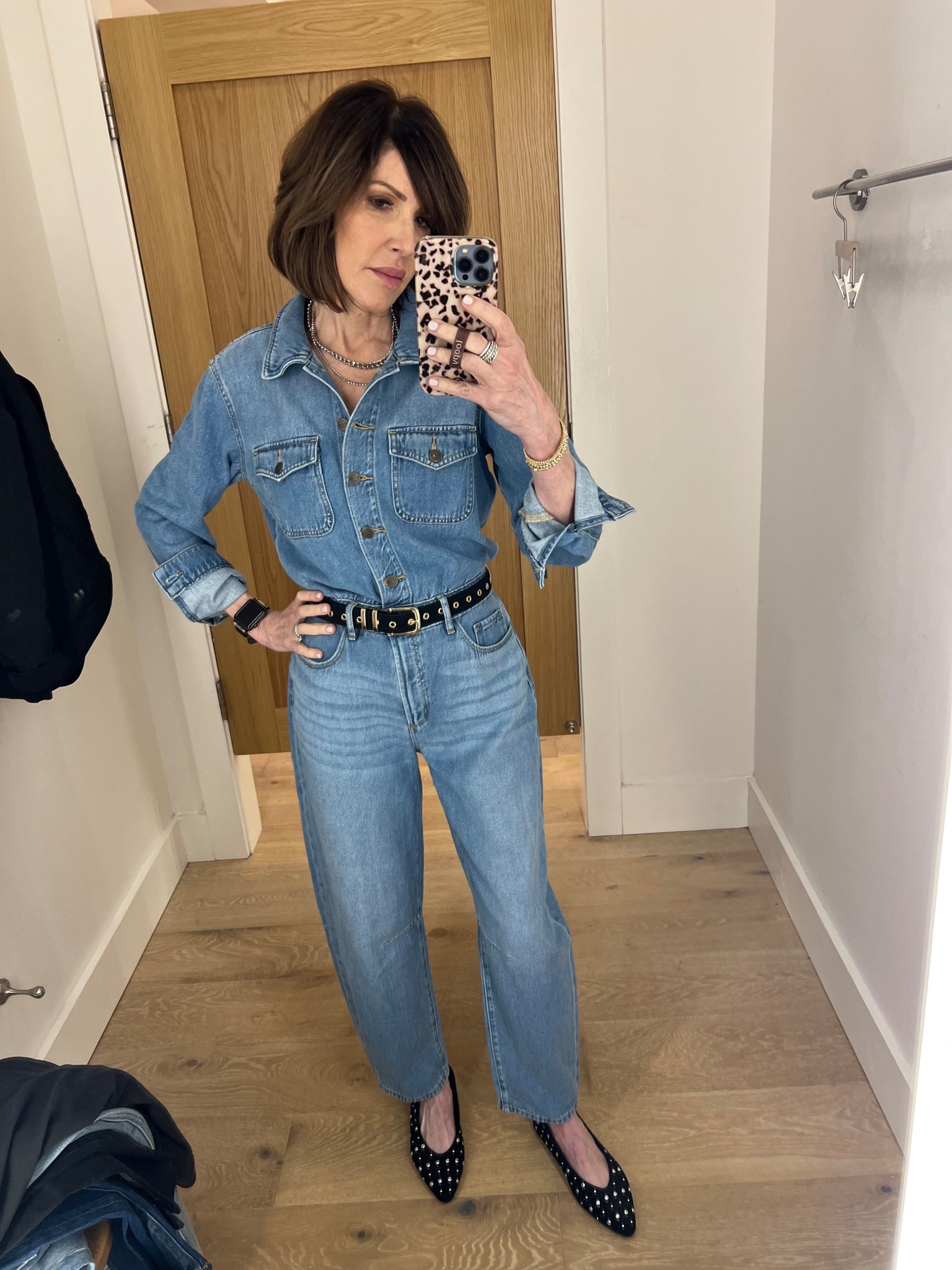 denim jumpsuit, studded ballet flats, over 50 outfits, denim on denim outfit, black belt

#LTKootd #LTKOver40 #LTKSeasonal