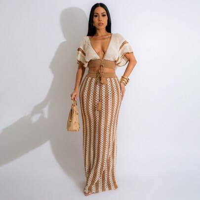 2pcs/Set Fashionable & Sexy V-Neck Hollow Top And Striped Low Waist Long Skirt Set | SHEIN