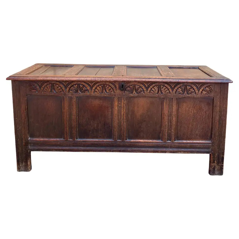Large English antique solid oak chest coffer | 1stDibs