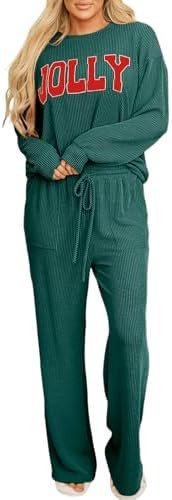 Women Pajamas Set Loungewear Ribbed Long Sleeve Top and Pants with Pockets Lounge Sweatsuit Set | Amazon (US)