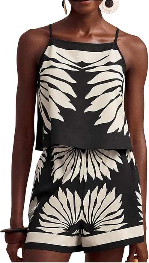 MakeMeChic Women's Summer Vacation Outfit 2 Piece Set Boho Cami Crop Tops Shorts Set | Amazon (US)