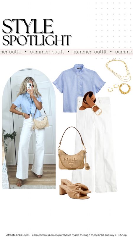 Summer outfit idea with white jeans and a linen button up shirt 