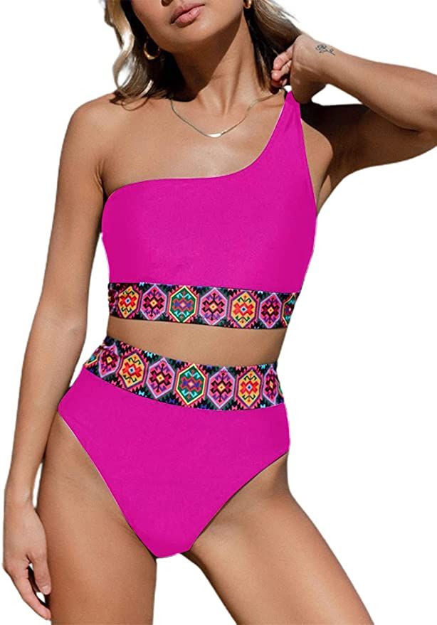 Hilinker Women's Boho One Shoulder 2 Piece Swimsuit Patchwork High Waisted Bikini Set | Amazon (US)