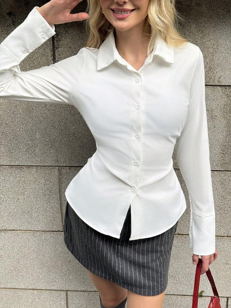 MainGRL White Women ShirtWomen's White Waist Cinched Shirt With Folds | SHEIN