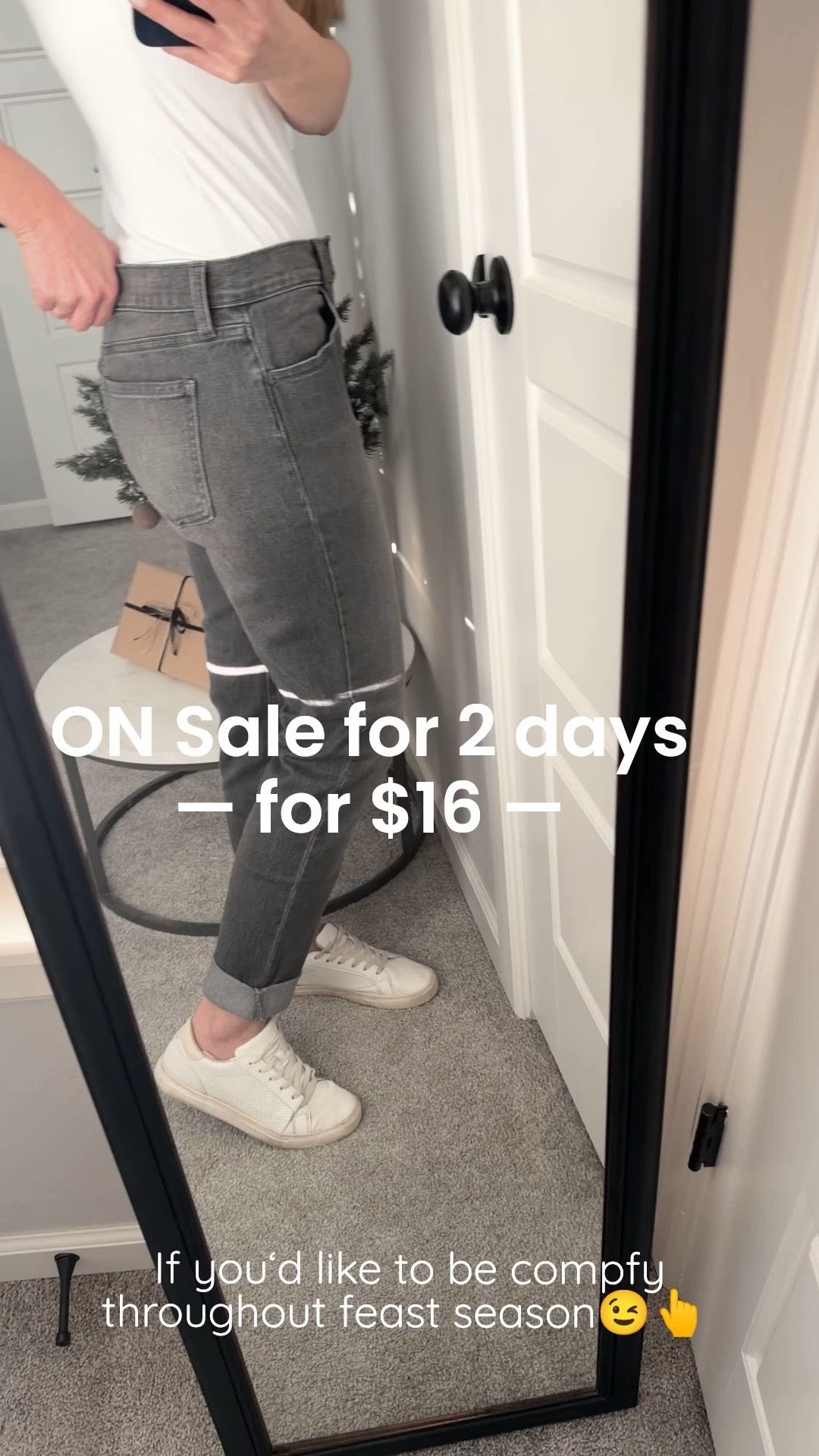 The comfiest pair of jeans over this holiday season! The fabric is soft & stretchy! Also love the color! 
‼️Size down! It runs big! I usually wear a 2 but got a 0! 
(I probably could’ve even gotten a 00 if I didn’t want the relaxed look)

Comfortable jeans, gray jeans, mom jeans, white sneakers, white shirt, small Christmas tree, gold flower pot, marble coffee tablee

#LTKSaleAlert #LTKmomlife #LTKootd