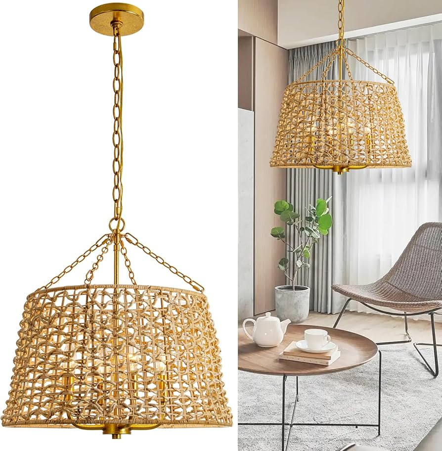 20" Hand-Woven Rattan Chandelier Light Fixture 4-Light Gold Foil Vintage Farmhouse Boho Bamboo Ch... | Amazon (US)