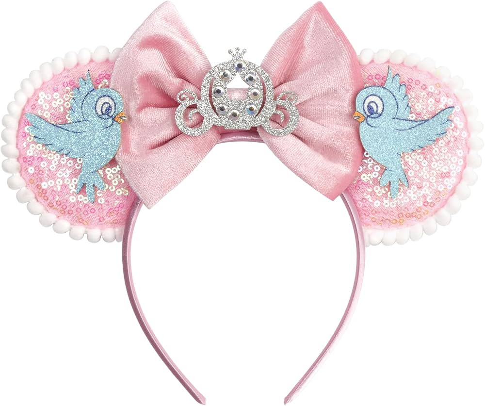bianbaistar Pink Sequined Mouse Ear Headband with Pumpkin Coach & Blue Birds - Theme Parks and Pa... | Amazon (US)