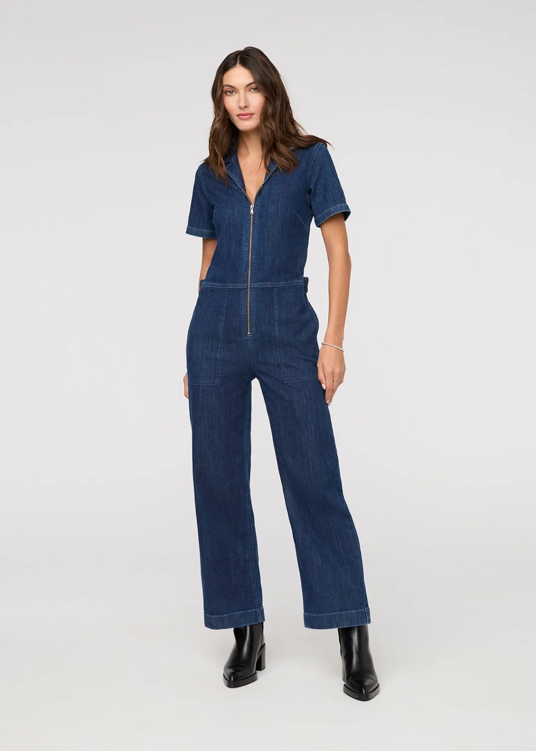 Performance Denim Short Sleeve Jumpsuit - Dark Stone | DUER