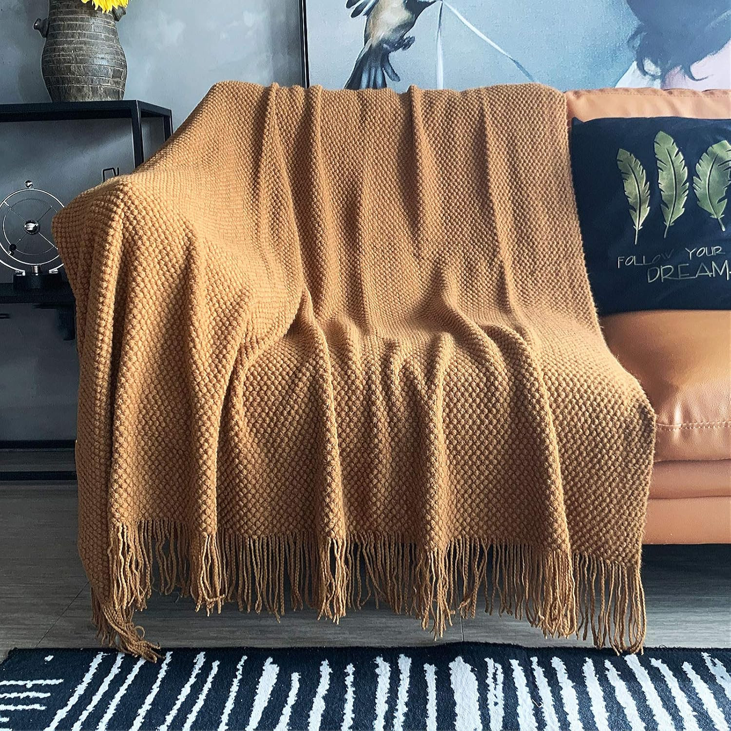 Amazon.com: LOMAO Knitted Throw Blanket with Tassels Bubble Textured Lightweight Throws for Couch... | Amazon (US)