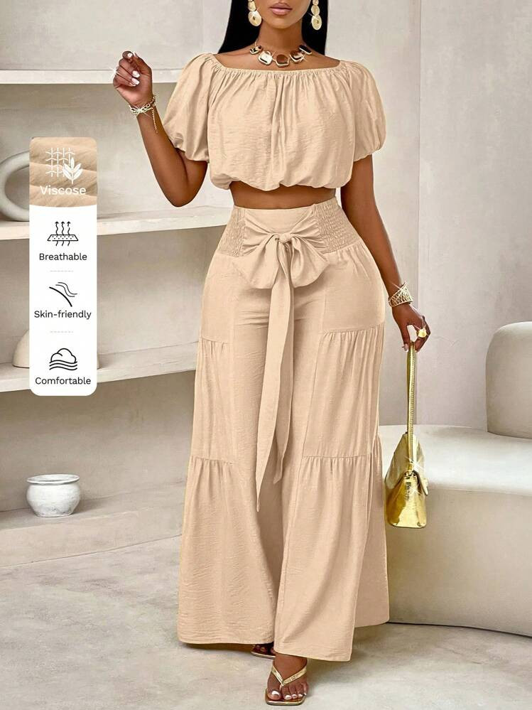 SOLERSUN Summer Beach Vacation Style Puff-Sleeved Ruffled Strapless Crop Top & Wide Leg Pants Set For Summer,Ladies Casual Ruffle Hem,Shirred Short Sleeve Regular Fit Khaki Viscose Puff Sleeve Pants Women Two-Piece Outfits,Spring/Fall,Casual Daily Wear | SHEIN