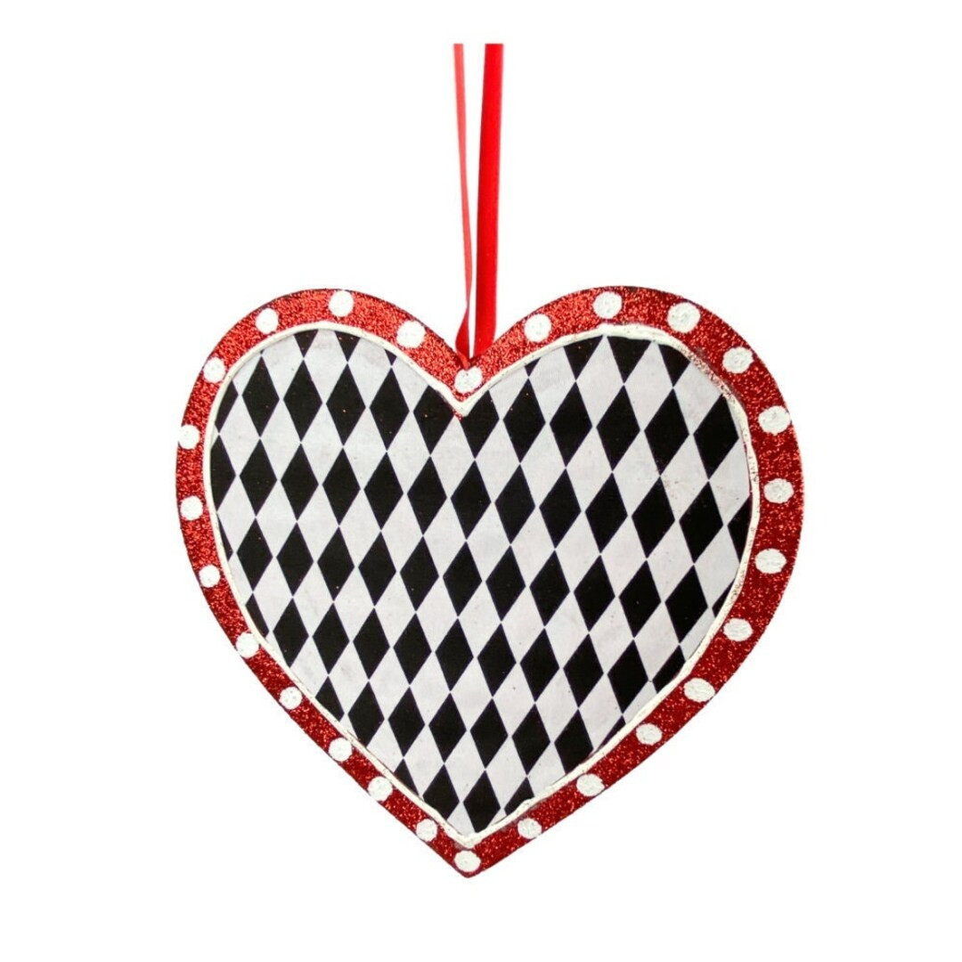 Valentine Harlequin Heart Ornament 8", Red and White Wreath Embellishment, Valentine Glitter Hear... | Etsy (US)