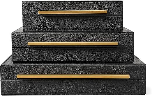 Kingflux Faux Black Shagreen Leather Set of 3 Pcs Decorative Boxes, Storage Boxes Jewelry Organiz... | Amazon (US)