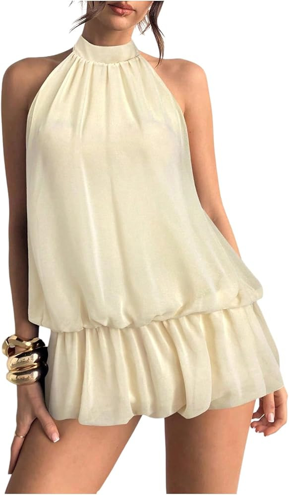 Floerns Women's Y2k Summer Halter Dress Tie Open Back Sleeveless Ruffle Hem Bubble Going Out Mini... | Amazon (US)