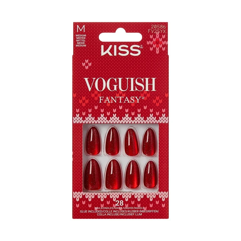 KISS Voguish Fantasy Holiday Press On Nails Almond, ‘Carol for You’, Red, Medium, 28 Count | Walmart (US)