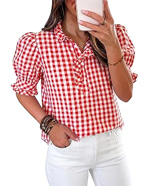 Cicy Bell Womens Summer Gingham Tops Puff Short Sleeve Ruffle V Neck Button Blouse Casual Loose F... | Amazon (US)