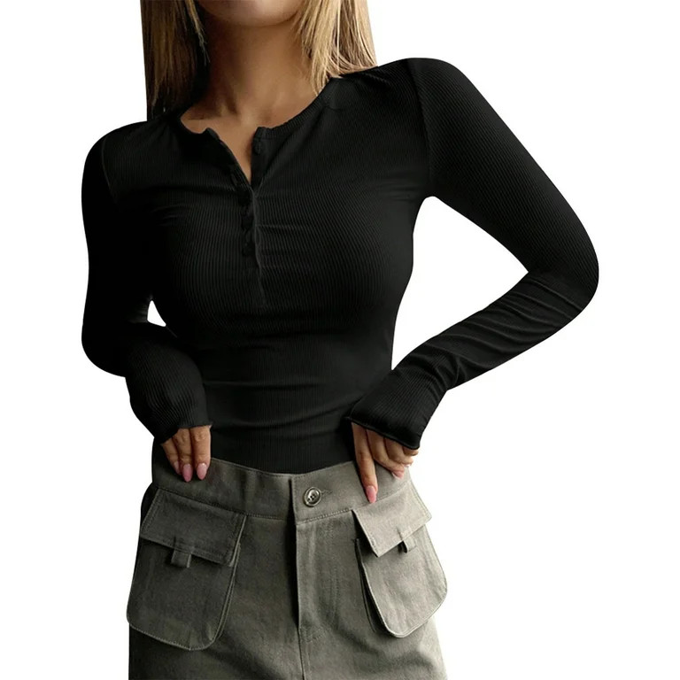 Yigetop Body Suits for Womens 2024 Long Sleeve Shirts for Women V Neck Henley Tops Slim Fit Basic... | Walmart (US)