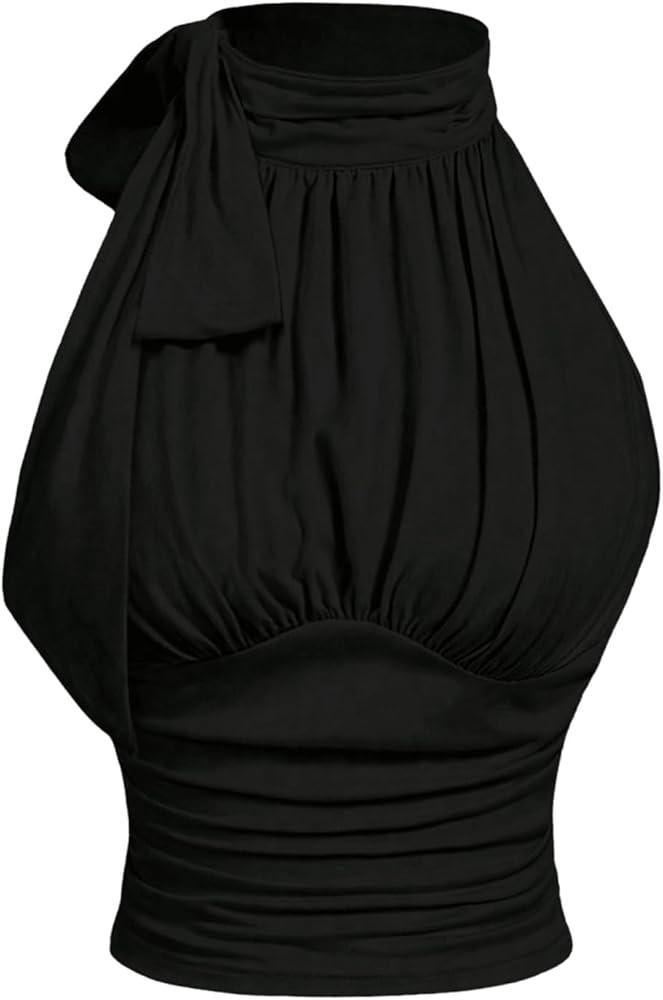 OYOANGLE Women's Tie Neck Tank Tops Sleeveless Mock Neck Slim Fit Ruched Elegant Work Party Blous... | Amazon (US)