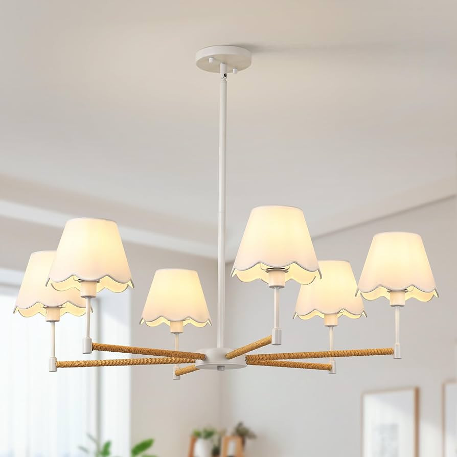 Farmhouse Rattan Chandelier with White Fabric Shade, 6-Light Boho Chandeliers for Dining Room, Ad... | Amazon (US)