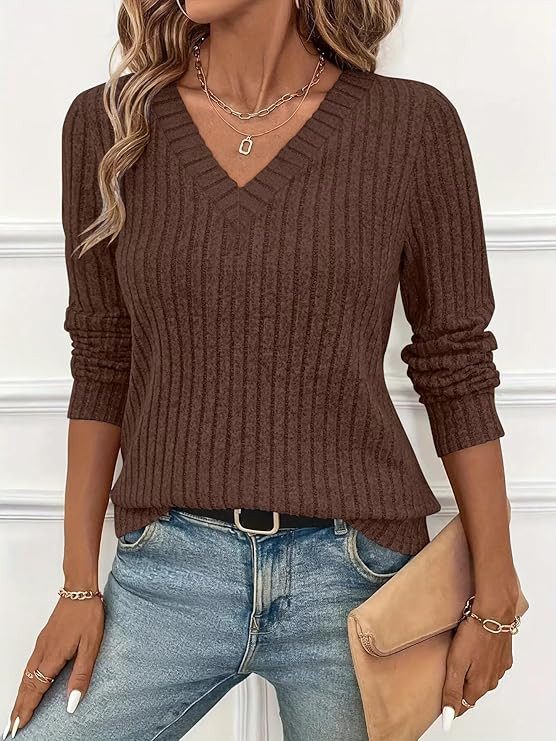 Women's V-Neck Long Sleeve Sweater Soft Casual Knitted Top for Fall Comfortable and Stylish | Amazon (US)