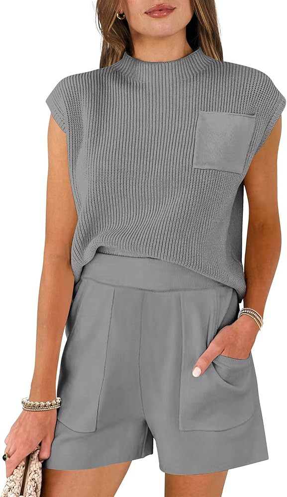 Caracilia Women's Two Piece Outfits Sweater Sets Knit Pullover Tops and Shorts Tracksuit Lounge S... | Amazon (US)