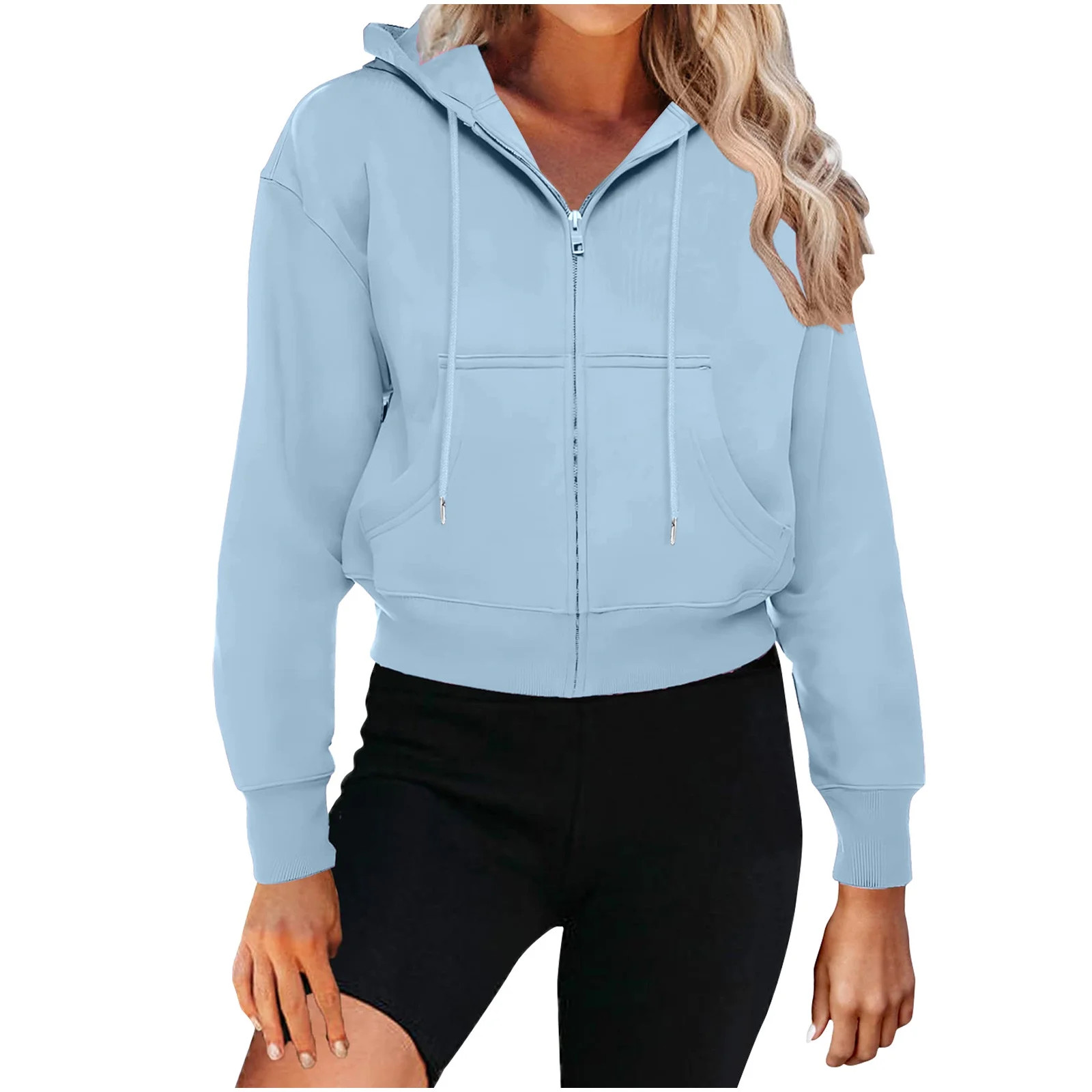 Qulqfy Cropped Hoodies Women Light Blue Zip-Up Fall 2025 Sweatshirts Womens Workout Tops S | Walmart (US)