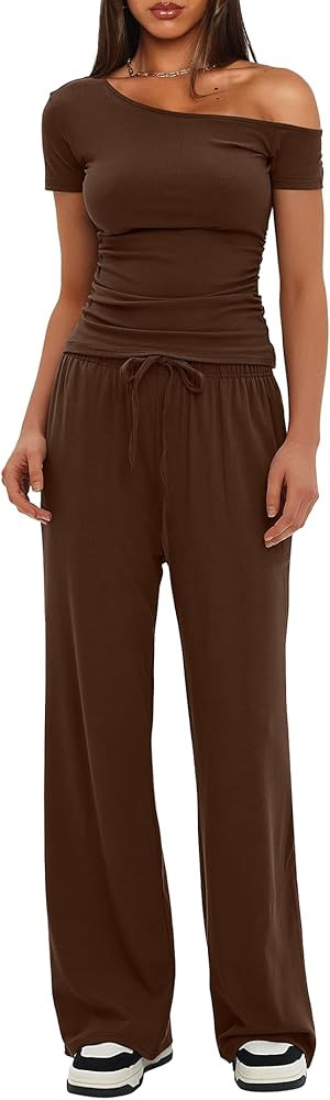 Darong Women's 2 Piece Outfits Lounge Sets Off Shoulder Short Sleeve Tops and High Waisted Wide L... | Amazon (US)