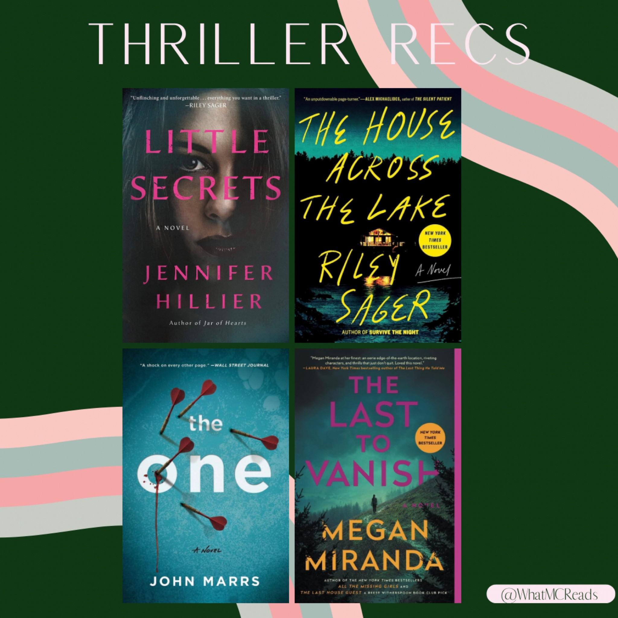 Thriller Thursday // Mystery Thriller Book Recommendations

Megan Miranda || Mary Kubica || Sally Hepworth || Stacy Willingham || Jennifer Hillier || Riley Sager || John Mars || murder mystery || thriller book || book recommendations

#LTKunder50 #LTKFind #LTKhome