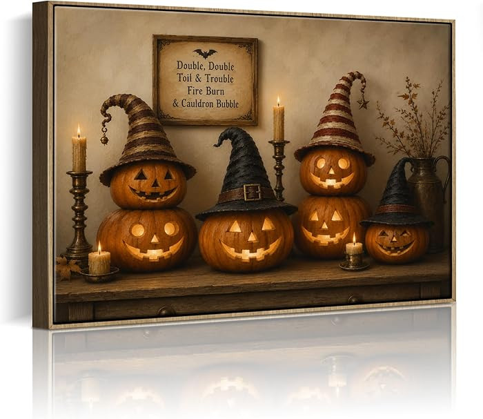 Halloween Framed Canvas Wall Art, Pumpkin and Witch Hats Halloween Pictures | Amazon (US)