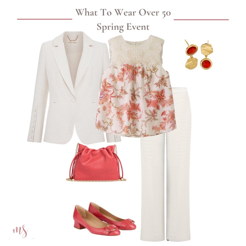 Spring event outfit with floral lace blouse, cream trouser suit and coral bag and shoes 

#LTKover50style #LTKuk #LTKspring