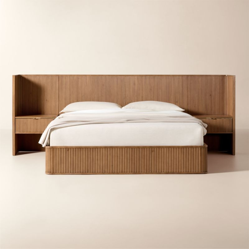 Davison Fluted Warm Brown Wood King Bed with Nightstands | CB2