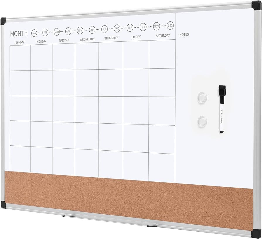 Amazon Basics Monthly Calendar Whiteboard Dry Erase and Cork Board, Silver Aluminium Frame, 24 x ... | Amazon (US)