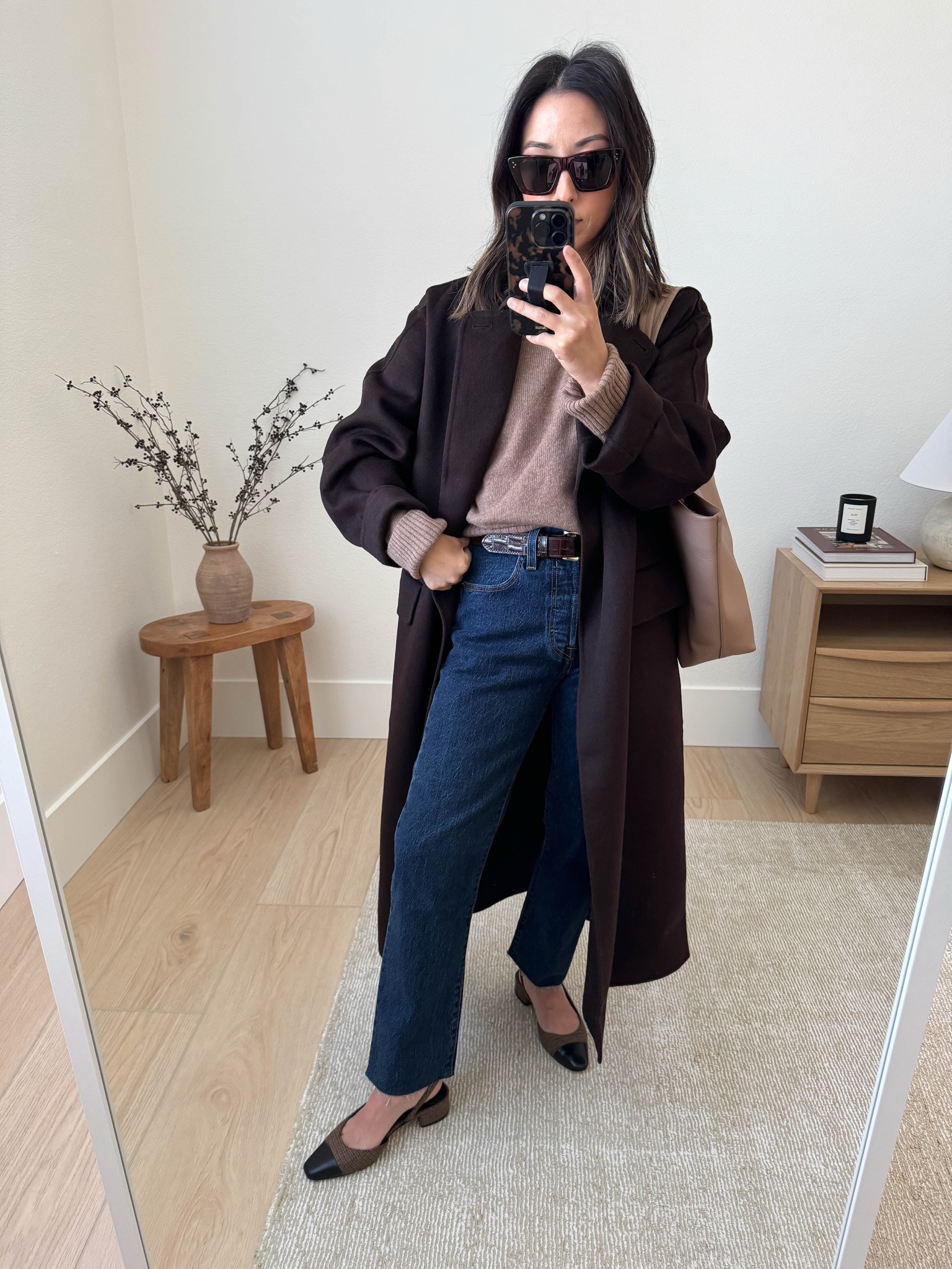 Fall workwear outfit ideas with denim

Everlane cashmere sweater xs - color is old
Banana Republic coat petite xs
Levis 501 crop 28" inseam 25
Veronica Beard slingbacks 5 - old
Cuyana Easy tote small
Celine sunglasses