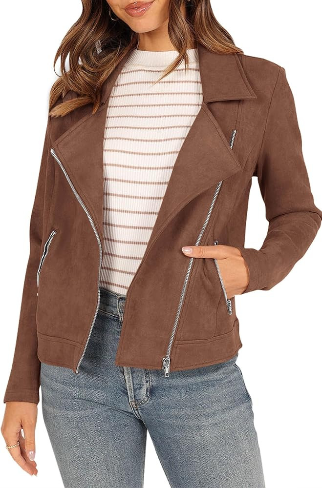 PRETTYGARDEN Womens 2023 Fall Motorcycle Jacket Faux Suede Long Sleeve Zip Up Pockets Short Coat ... | Amazon (US)