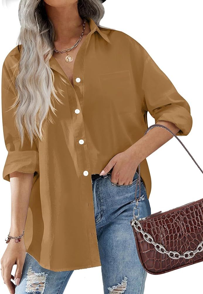 Women Button Down Shirts Office Drop Shoulder Oversized Blouse Long Sleeve Boyfriend Dress Shirt ... | Amazon (US)