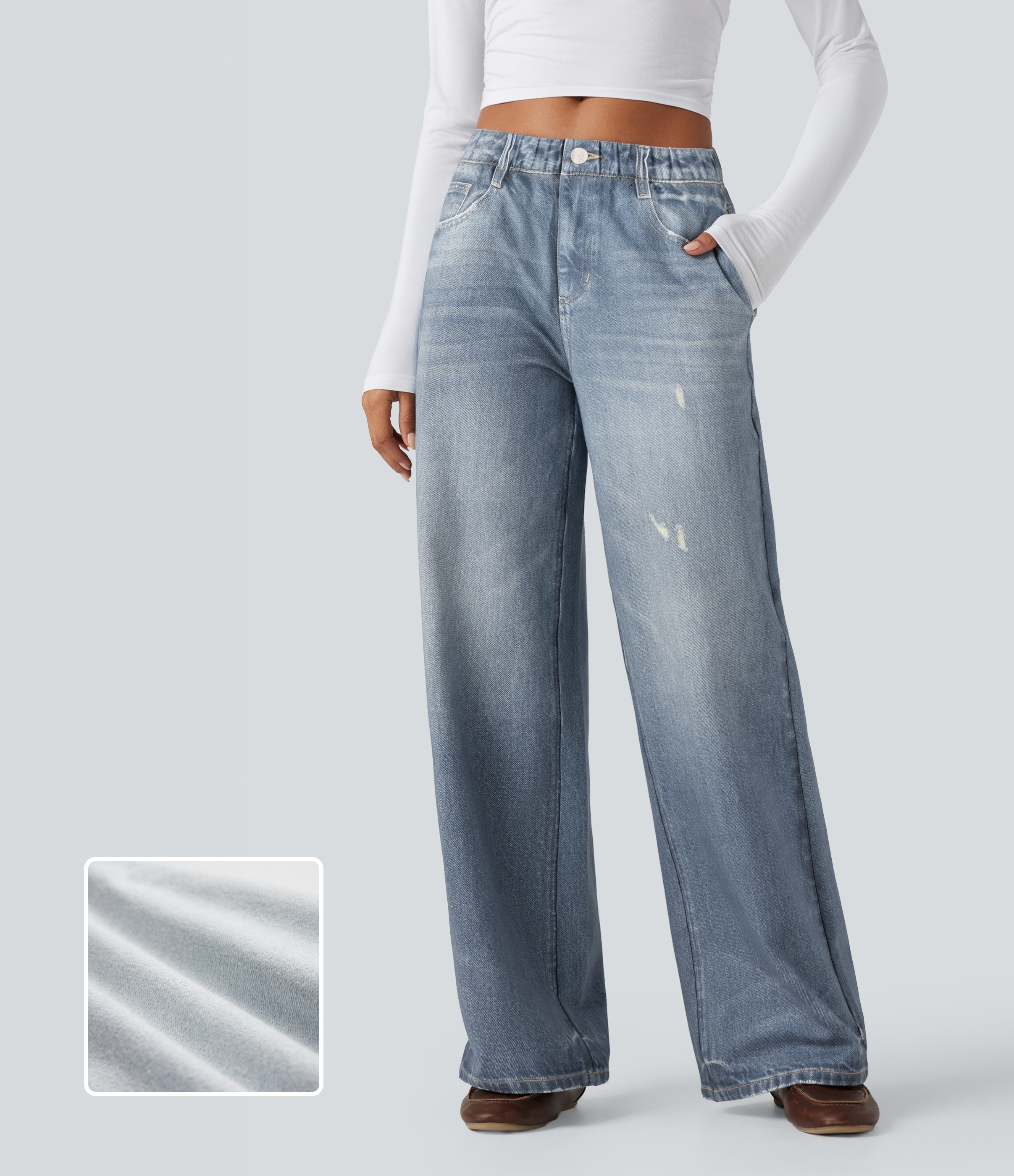 Mid Rise Denim Print French Terry Casual Sweatpants Jeans with Pockets | HALARA