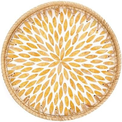 Tynulox Round Rattan Tray with Mother of Pearl Inlay, Rattan Serving Tray for Coffee, Bread, Frui... | Amazon (US)