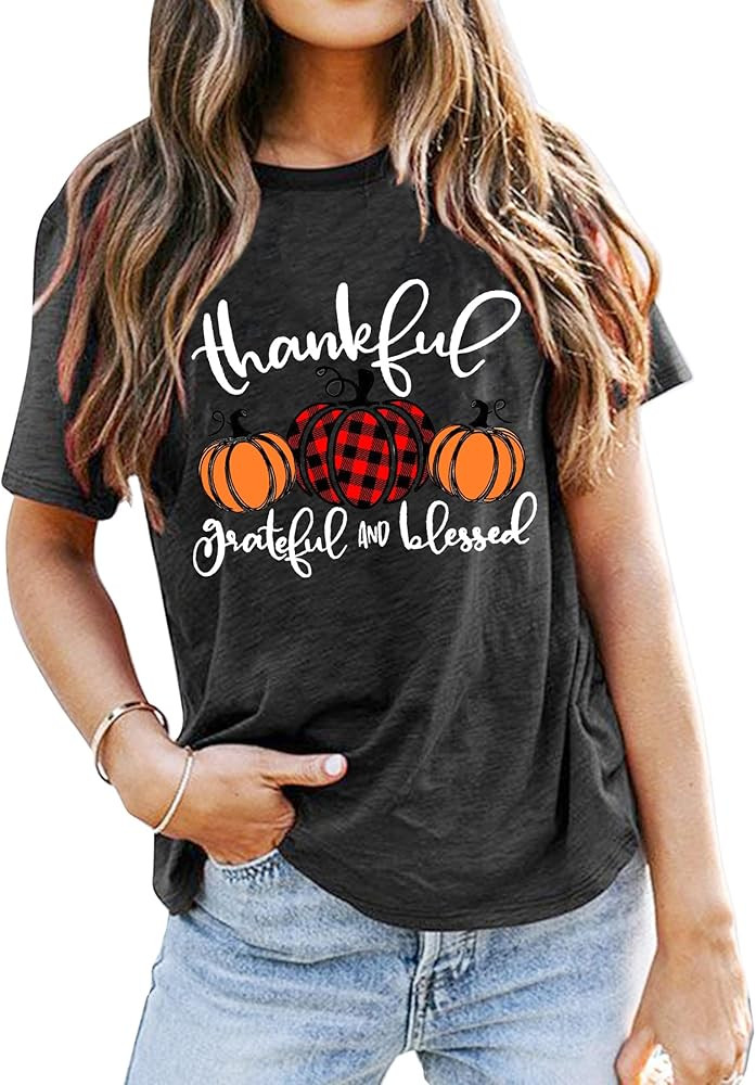 Thanksgiving Shirts for Women: Thankful Grateful Blessed Shirt Thanksgiving Pumpkin Tshirts Short... | Amazon (US)
