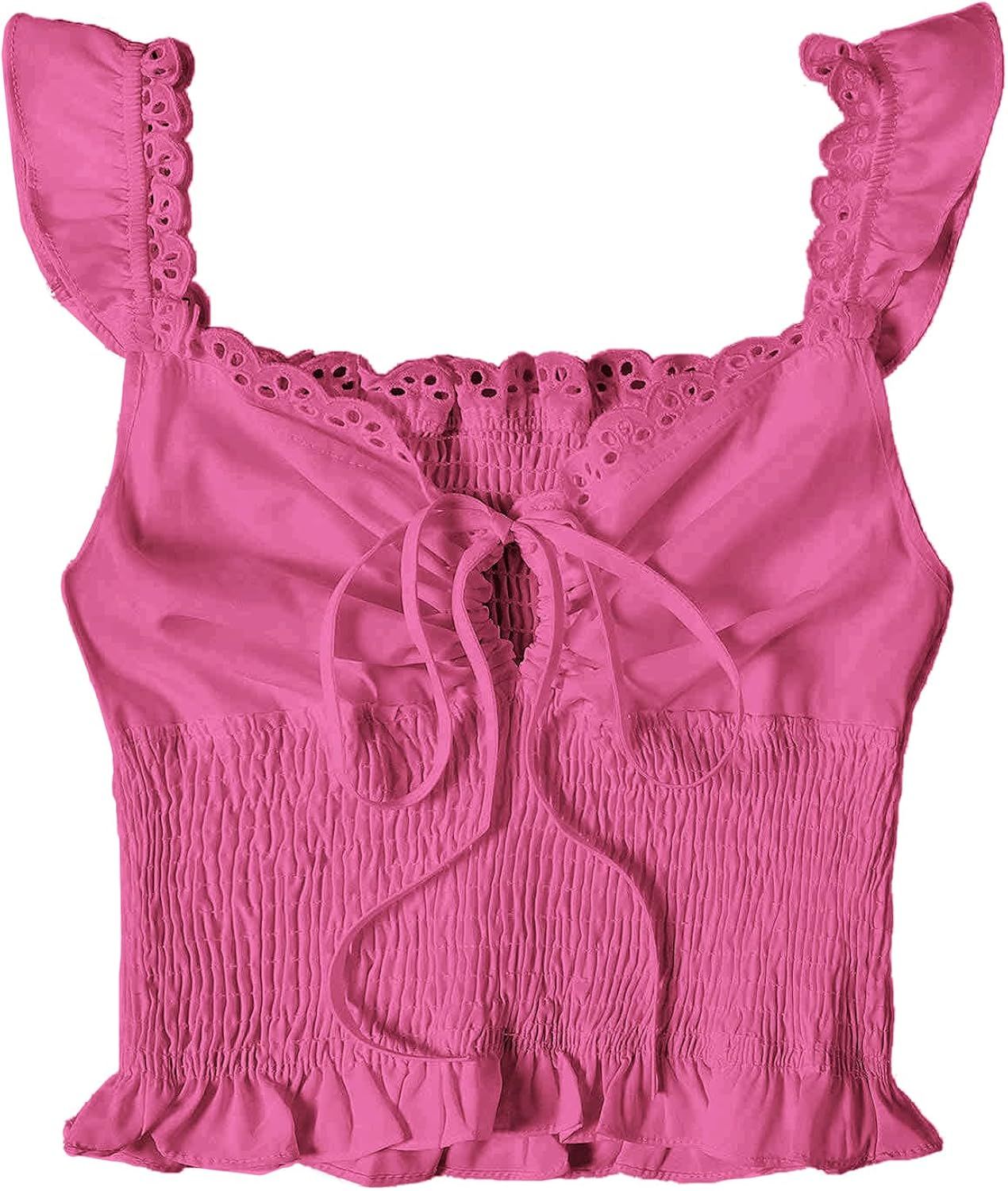 SheIn Women's Summer Sleeveless Ruffle Strap Tie Neck Cute Cami Tank Top Blouse | Amazon (US)