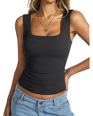 Womens Cotton Ribbed Square Neck Tank Tops Basic Backless Sleeveless Summer Cami Shirts 2025 | Amazon (US)