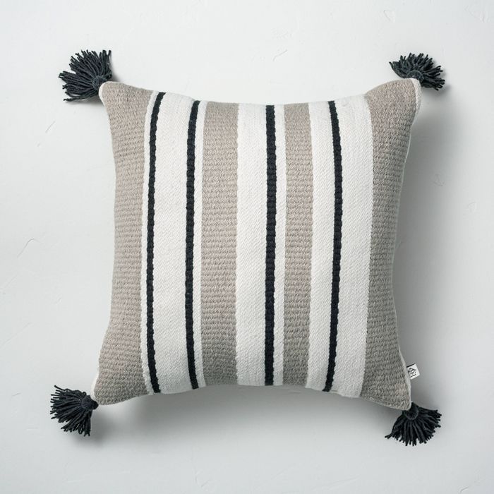 18" x 18" Multistripe Indoor/Outdoor Throw Pillow Black/Gray/Cream - Hearth & Hand™ with Magnol... | Target