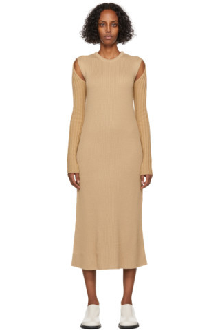 Beige Shoulder Cut Knit Dress | SSENSE